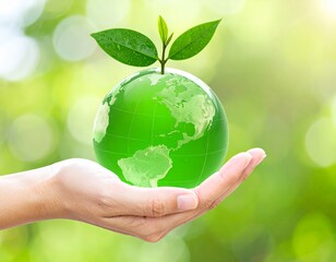 Green Earth in Hand with Leaf Sprout Sustainability Environmental Concept