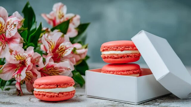 An elegant composition with pink macaroons in a gift box and delicate alstroemeria flowers. Ideal for gifts, holidays and romance.
