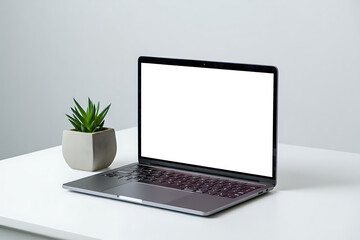 Fototapeta premium Laptop with Blank Screen and Plant on Desk Modern Workspace Mockup