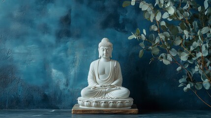 White Buddha statue meditating, serene pose against a blue textured background with eucalyptus branch.