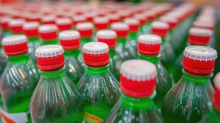 Close-up shot of green plastic bottles with red caps, arranged in a neat pattern. The bottles have condensation on them, giving a refreshing and cool appearance.