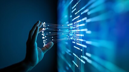 Connected World: A Hand Reaching Out to Interact with Digital Data Streams, The Future of Connectivity: Human Interaction with a Network of Data and Technology