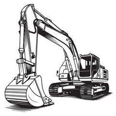 Detailed black and white illustration of a heavy duty tracked excavator with a large bucket and articulated arm on a white background