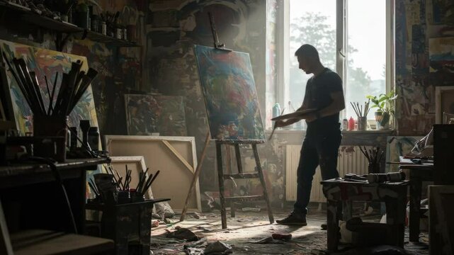 Artist at Work in Sunlit Studio - A silhouette of an artist absorbed in painting on a canvas in a cluttered studio filled with art supplies and finished artworks.