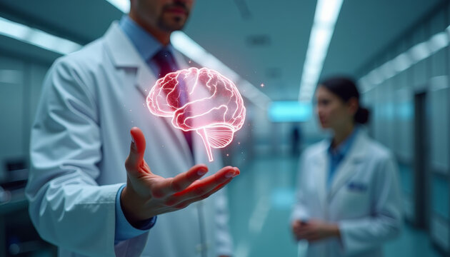 Doctor with Holographic Brain Model in Hospital Environment, Digital Illustration, Professional Perspective