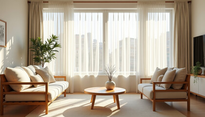 Fototapeta premium Cozy Space with Natural Light, Urban View, Furniture Arrangement, Tranquil Environment