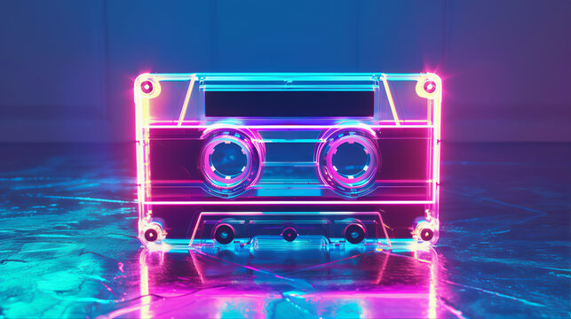 Retro neon vintage audio music cassette tape nostalgia. Blue and pink lighting 90's music cassette. 80S graphics, 1980 boom box kassettendesk. Flashback aesthetic retro 80S music dance studio rewind