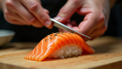 Obraz premium Chef Slicing Fresh Salmon at Culinary Studio with Artistic Lighting