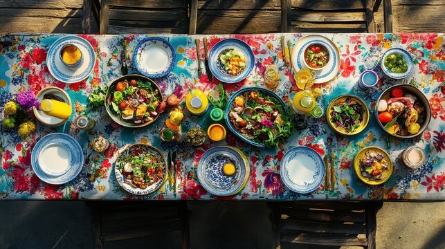 Vibrant Table Setting with Diverse Dishes and Colorful Decor