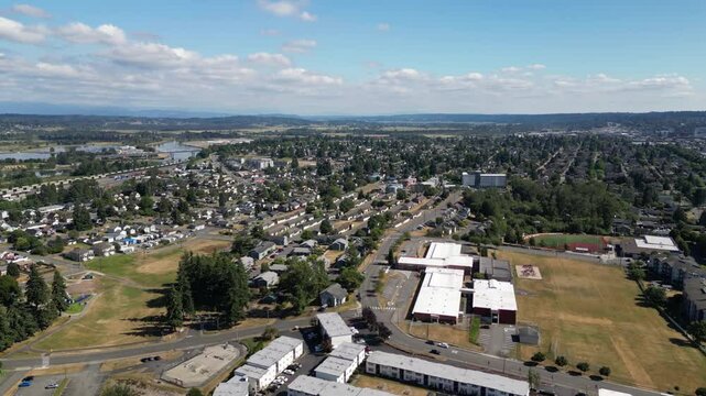 Drone Everett Washington overlooking neighborhoods and snohomish river looking S/SE