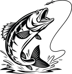 Dynamic black and white illustration of a largemouth bass leaping out of the water to catch a fishing lure isolated on transparent background