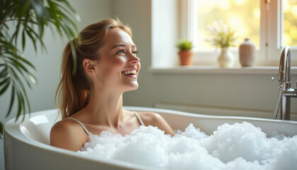 Relaxing Bathing Experience, Woman, Cozy Bathroom, Photo, Serene Environment, Close-Up View, Self-Care Concept