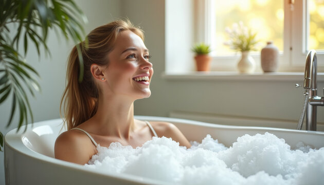 Relaxing Bathing Experience, Woman, Cozy Bathroom, Photo, Serene Environment, Close-Up View, Self-Care Concept