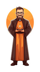 Cartoon priest standing with arms crossed and glasses in front of orange circle  