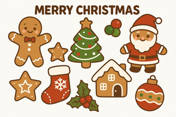 Cute Gingerbread Christmas Cookies Clipart &ndash; Flat Vector Stickers Set on White Background