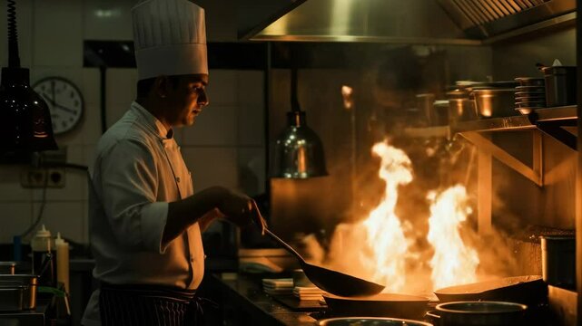 Chef Skillfully Handling Flamb&eacute; Dish in Professional Kitchen - A chef in full uniform is skillfully preparing a flamb&eacute; dish, with flames vividly illuminating the professional kitchen setting.