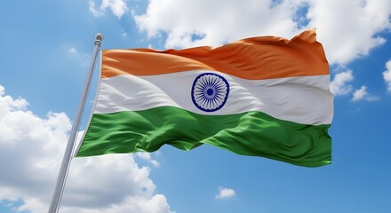 The Indian flag billows proudly in a vibrant blue sky, punctuated by fluffy white clouds.