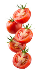 Flying tomato slices with seeds floating in the air isolated on transparent white background, clipping path