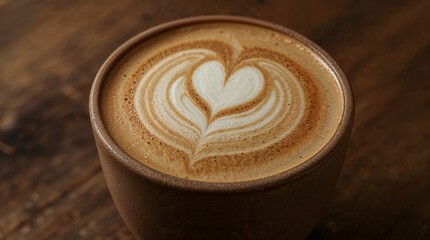 Close-up of a latte in a ceramic cup with heart-shaped foam art, wooden background, soft lighting, minimal background, high-quality latte art details
