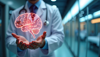 Doctor Demonstrating Brain Visualization in Hospital Environment