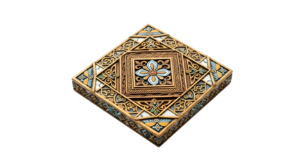 Ornate geometric pattern on a traditional wooden decorative object with carved details, isolated on transparent background.
