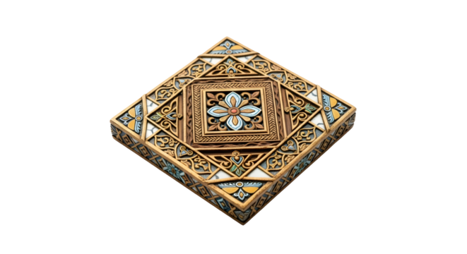 Ornate geometric pattern on a traditional wooden decorative object with carved details, isolated on transparent background.
