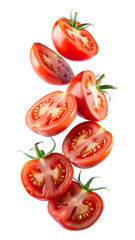 Fototapeta premium Flying tomato slices with seeds floating in the air isolated on transparent white background, clipping path