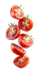 Flying tomato slices with seeds floating in the air isolated on transparent white background, clipping path