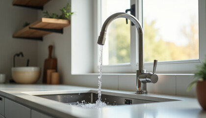 Water Flowing from Modern Kitchen Faucet in Bright Natural Light - Home Interior Photography