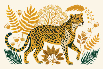 Beautifully illustrated cheetah surrounded by vibrant tropical foliage, showcasing elegant patterns and warm colors. This captivating design evokes a sense of natures beauty and exotic wildlife.