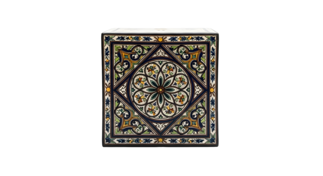 Decorative ceramic tile box with traditional floral and geometric patterns on transparent background for home decor.