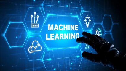 Futuristic representation of machine learning and artificial intelligence, A gloved hand interacting with a digital interface showcasing machine learning concepts