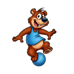 Happy cartoon bear character balancing on a blue ball in a playful pose, illustration on transparent background.