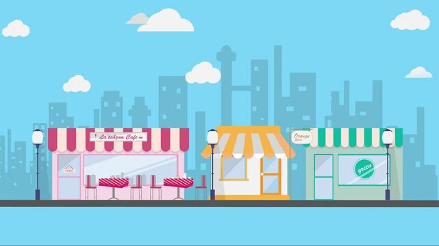 Flat Design City Street Scene with Cafes and Shops Animated Background with Clouds and Buildings