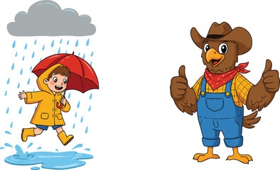 Cute cartoon kid jumping in rain with umbrella, cowboy eagle mascot thumbs up, fun colorful children illustration, educational design