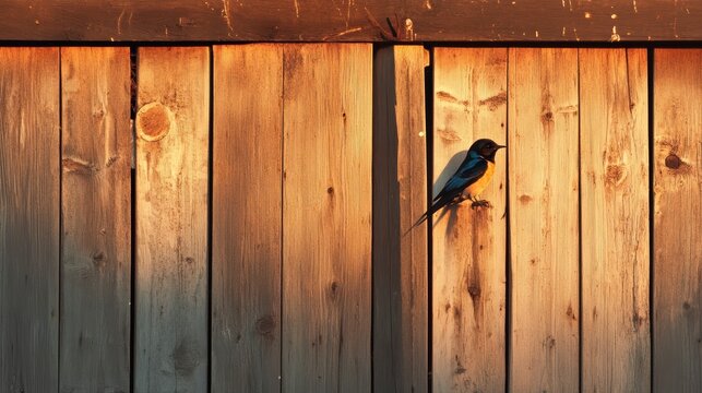 Small bird perched on warm-toned wooden fence at sunset.