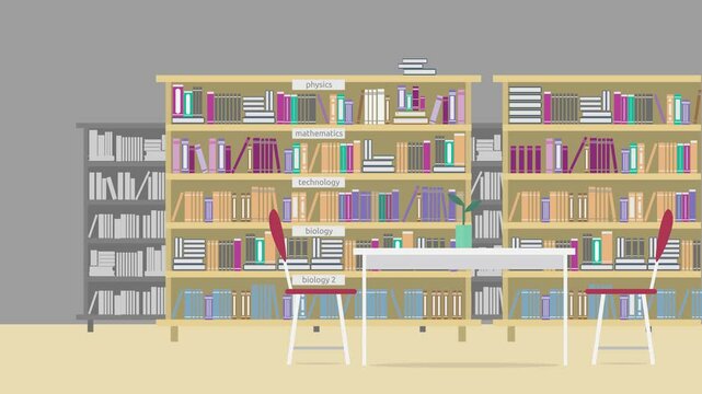 Flat Design Library Interior With Bookshelves Labeled Physics Mathematics Biology Technology