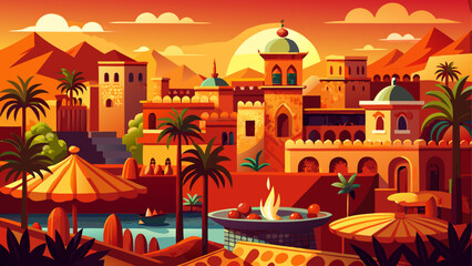 Obraz premium Marrakech, Morocco – Red walls and mosaic fountains glow beneath desert sun. Souks bustle with patterned textiles and brass lanterns. Date palms sway above historic Medina rooftops in warm hues.