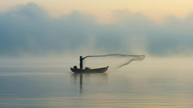 Calm Morning Fishing on Misty Lake - A lone fisherman casts his net from a small boat on a tranquil lake at dawn, surrounded by mist and soft pastel colors.