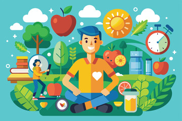 Vibrant vector illustration depicting a healthy lifestyle with elements like meditation, exercise, nature, and nutritious food. Emphasizes wellness, balance, and positive energy in a lively design.