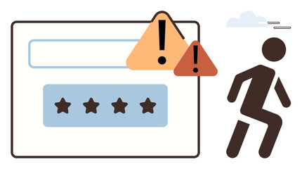 Login form with caution signs, four asterisks, and abstract figure running away. Ideal for cybersecurity, caution, risk management, online privacy, password safety, threat simple flat metaphor
