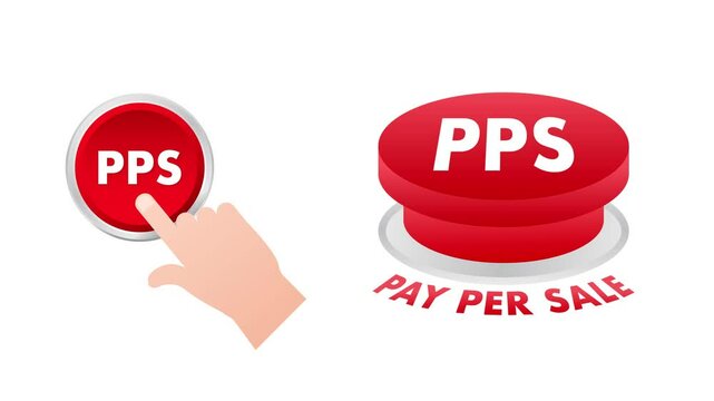 Finger pressing pay per sale button animation on white and green screen