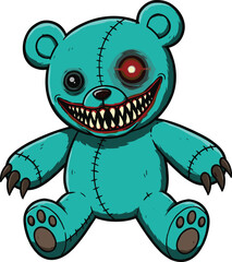 Scary horror teddy bear, creepy cartoon plush toy, evil grin, red eye, monster doll, spooky stitched stuffed animal illustration