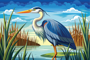 a beautiful heron standing still in a marshland