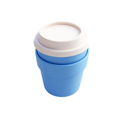 A close up of a blue and white reusable coffee cup with a lid on a black background in studio lighting
