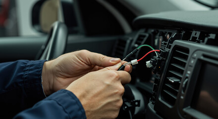 Technician installing audio system wiring in car dashboard  