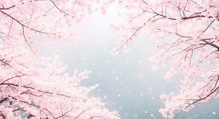 Cherry Blossoms in Full Bloom Against a Soft, Dreamy Sky, Serene Springtime Scene with Delicate Pink Cherry Blossoms Framing a Tranquil, Bright Sky