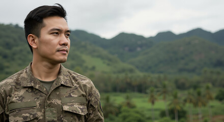 Male soldier standing outdoors in military uniform with mountains background  