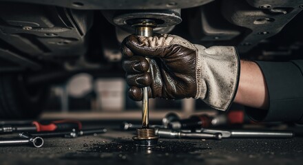 Mechanic working with tools under car in garage environment  