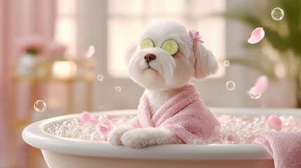 cute Maltese dog in bath with beauty treatments in robe relaxes